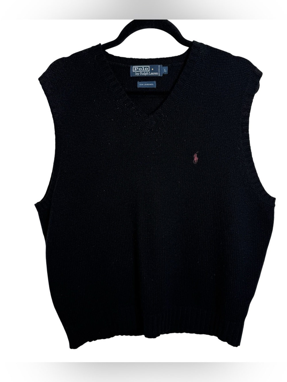 Polo Ralph Lauren Lambswool Sweater Vest Black V Neck Size LG